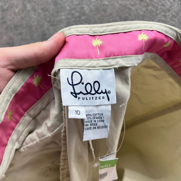 Lilly Pulitzer Pants Women 10 Khaki Cotton Spandex Straight Pink Palm Trouser - Picture 8 of 10